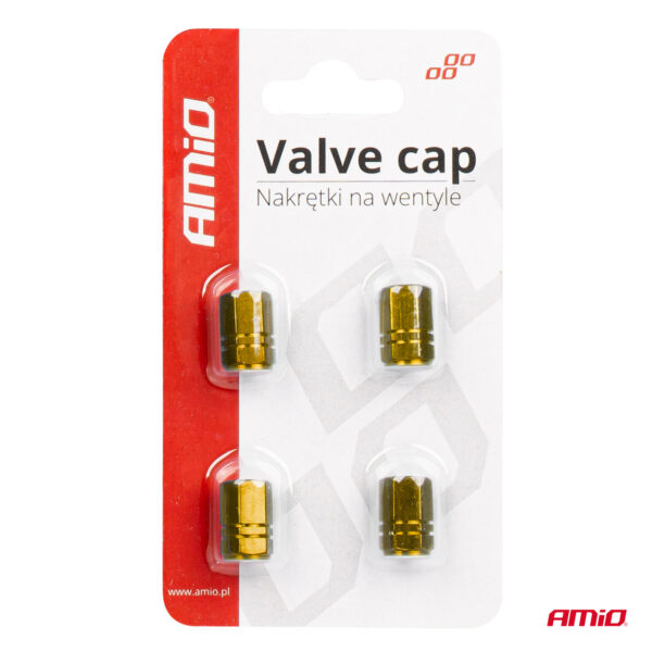 Set 4 capacele auto pentru ventil, din aluminiu, model Hexagon, culoare Galben - imagine 4