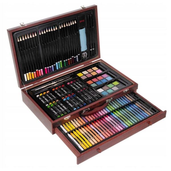 Set 142 piese pentru pictura, pentru copii sau adulti, pixuri de colorat, creioane colorate si vopsele de pictura, cu geanta de transport din LEMN MASIV, model AVX-WT-INGRES142 - imagine 4