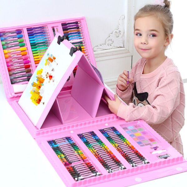 Set 208 piese pentru pictura, pentru copii sau adulti, pixuri de colorat, creioane colorate si vopsele de pictura, cu cutie de depozitare, model AVX-WT-KIDDO-03 - imagine 2