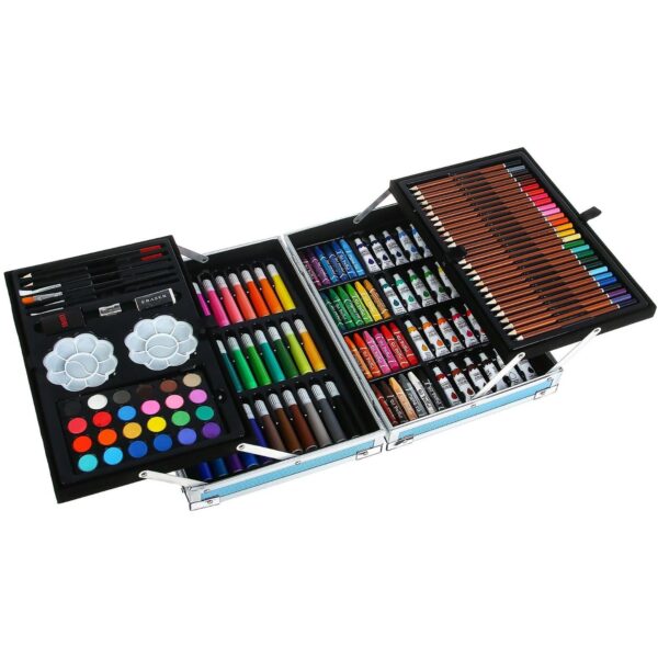 Set 145 piese pentru pictura, pentru copii sau adulti, pixuri de colorat, creioane colorate si vopsele de pictura, cu geanta de transport ALBASTRA, model AVX-WT-RUBENS145 - imagine 3