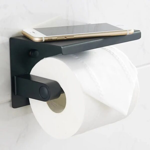 Suport pentru hartie igienica cu raft suplimentar, din otel, culoare neagra cu brat auriu - imagine 5
