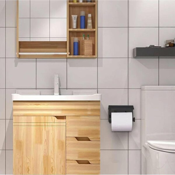Suport pentru hartie igienica cu raft suplimentar, din otel, culoare neagra cu brat auriu - imagine 6
