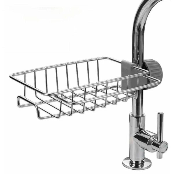 Raft organizator universal pentru bucatarie sau baie, montaj pe robinet, material otel, culoare Argintiu - imagine 3