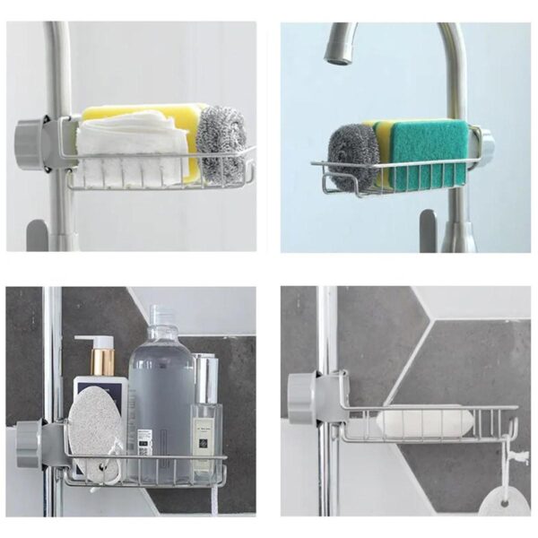 Raft organizator universal pentru bucatarie sau baie, montaj pe robinet, material otel, culoare Argintiu - imagine 6