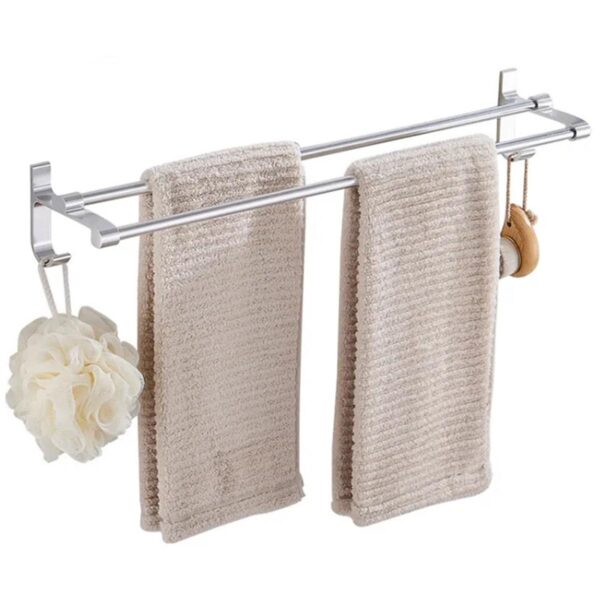 Suport din aluminiu pentru 2 prosoape + 2 cuiere, lungime 60 cm, culoare Argintiu - imagine 3