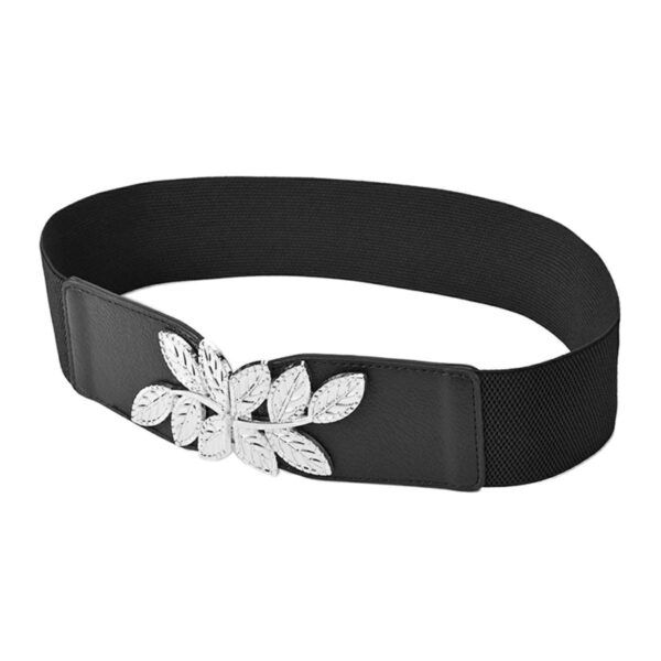 Curea elastica lata, culoare neagra, cu catarama metalica FRUNZE - imagine 4