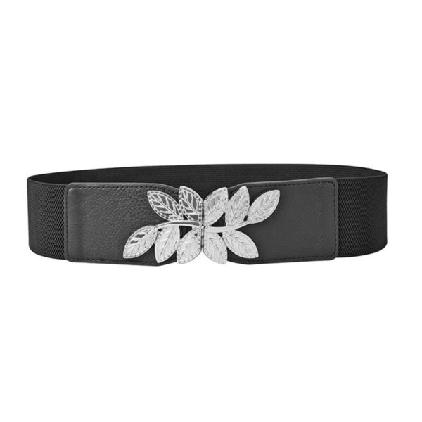 Curea elastica lata, culoare neagra, cu catarama metalica FRUNZE - imagine 5