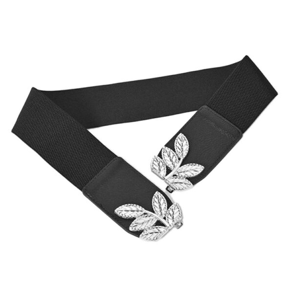 Curea elastica lata, culoare neagra, cu catarama metalica FRUNZE - imagine 3