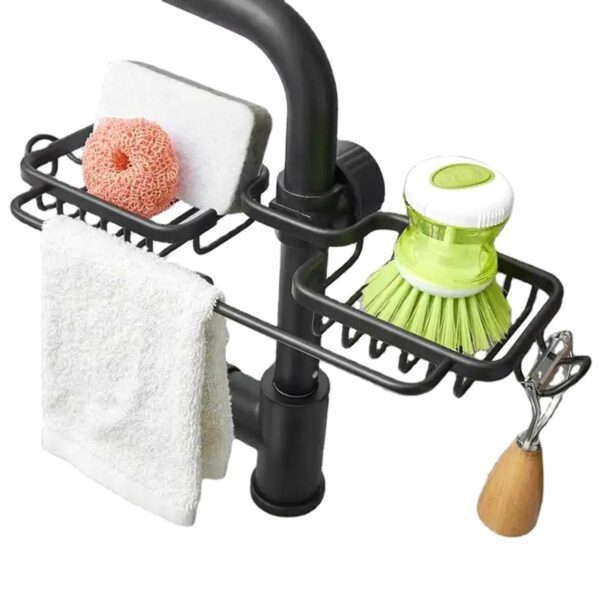 Raft organizator dublu, universal pentru bucatarie sau baie, montaj pe robinet, material otel, culoare Neagra - imagine 5