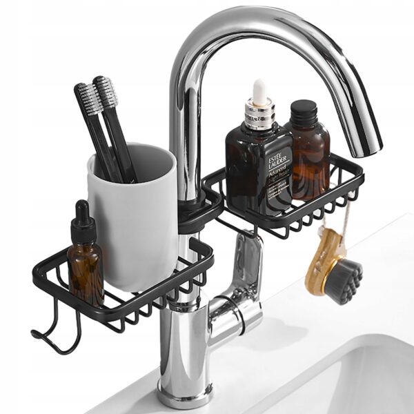 Raft organizator dublu, universal pentru bucatarie sau baie, montaj pe robinet, material otel, culoare Neagra - imagine 2