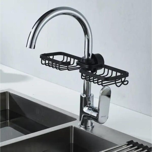 Raft organizator dublu, universal pentru bucatarie sau baie, montaj pe robinet, material otel, culoare Neagra - imagine 4