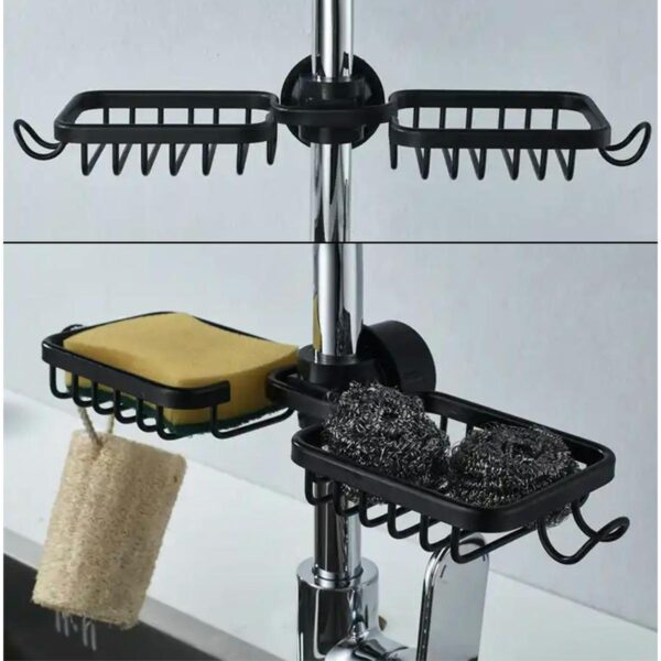 Raft organizator dublu, universal pentru bucatarie sau baie, montaj pe robinet, material otel, culoare Neagra - imagine 3