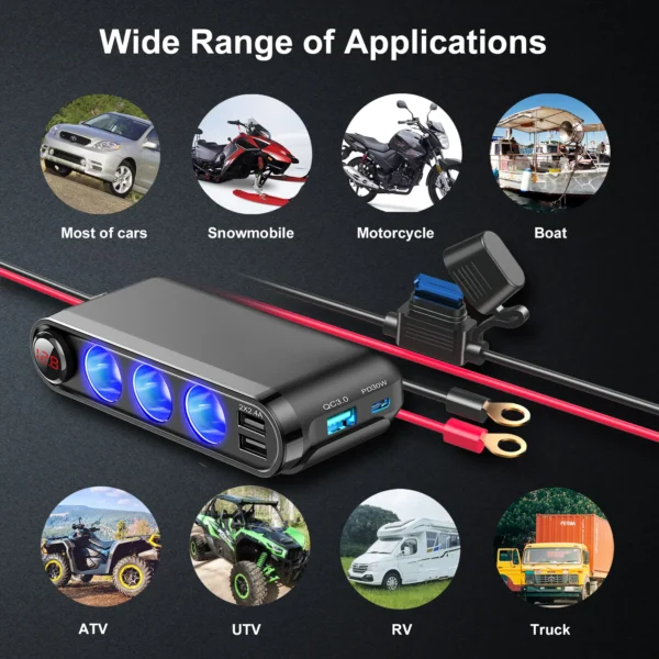 Dispozitiv Auto Premium 3in1, Splitter Bricheta, Incarcator USB/USB-C, Voltmetru Digital, alimentare 12V-24V - imagine 3