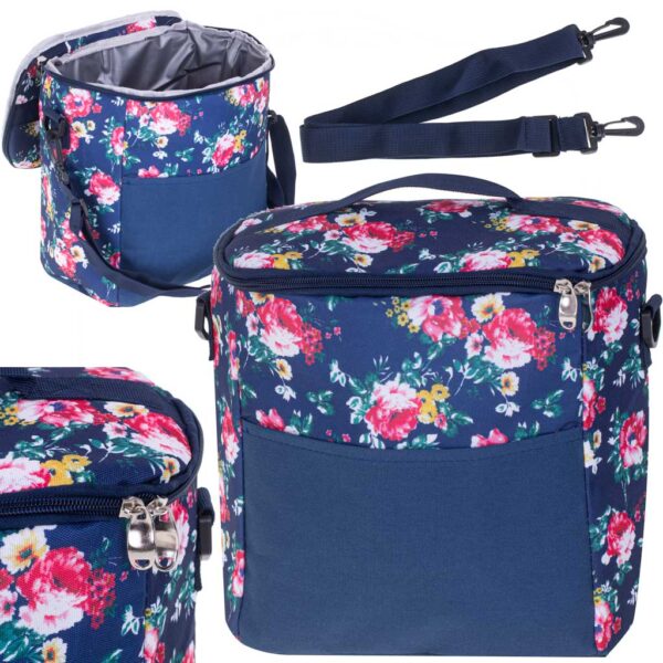 Geanta termoizolanta pentru picnic sau plaja, capacitate 11l, culoare Albastra cu flori - imagine 2