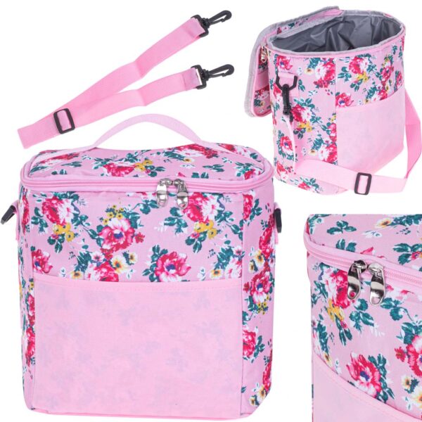 Geanta termoizolanta pentru picnic sau plaja, capacitate 11l, culoare Roz cu flori - imagine 2