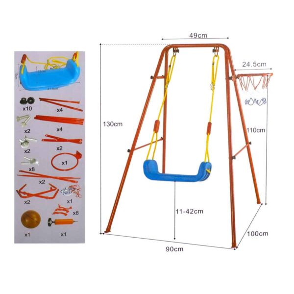 Set de gradina 3in1 pentru copii, Leagan + Cos de Baschet + Minge, cadru metalic, culoare Rosu - imagine 7