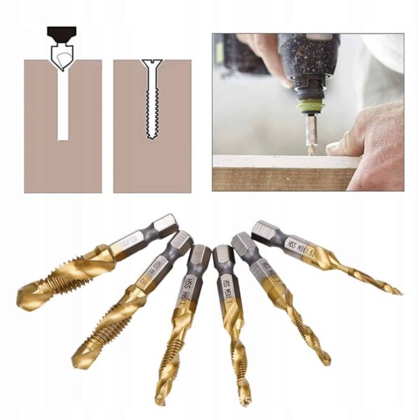 Set Profesional cu 6 piese, gaurire + filet, M3 - M10, duritate medie (Galben) - imagine 2
