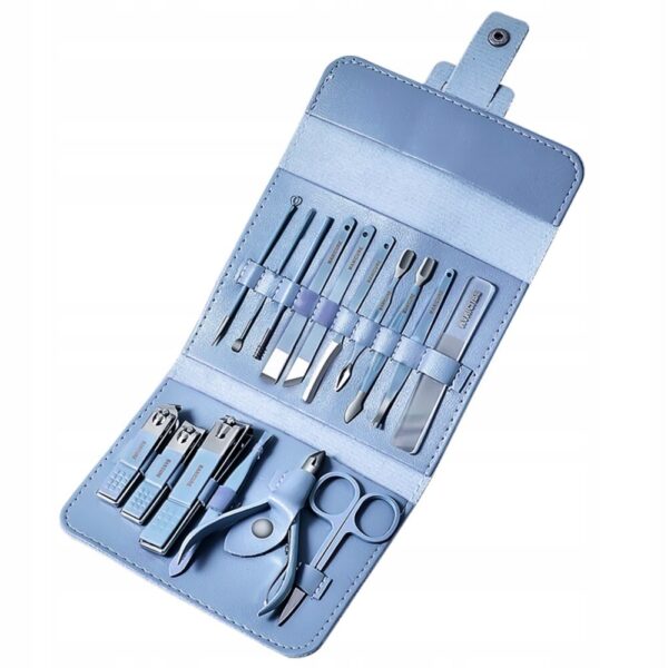 Set Manichiura si Pedichiura 16-in-1 cu plic din piele ecologica, model "MANI-CUT BLUE", culoare Albastra - imagine 2