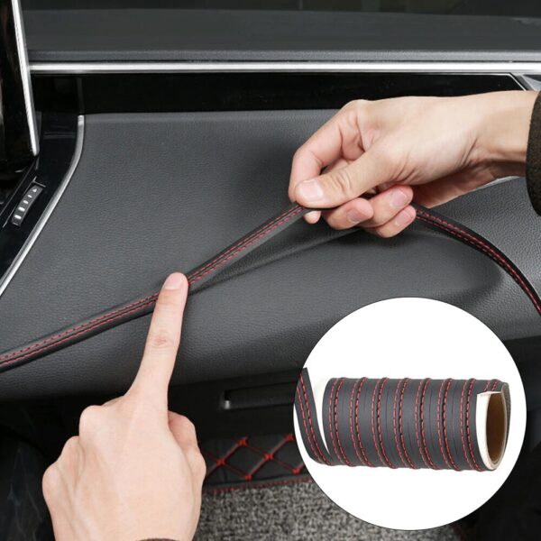 Banda decorativa pentru interiorul vehiculului, lungime 2m, din piele ecologica, culoare Neagra + cusatura Rosie - imagine 2